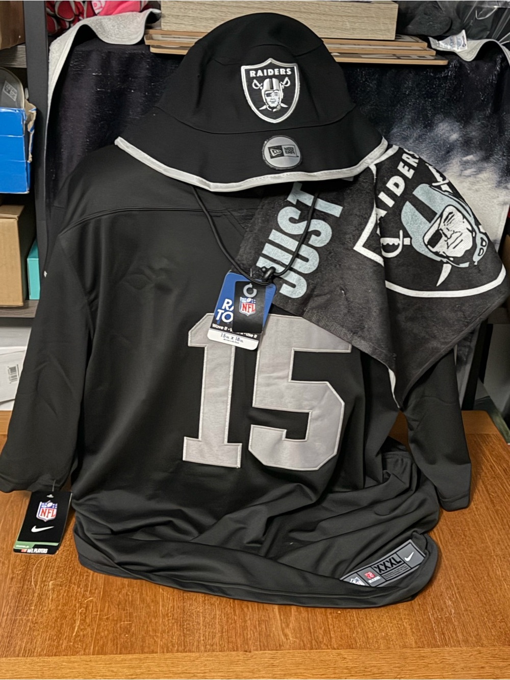Las Vegas Raiders NFL Mendiza Jersey & Bucket Hat & "JUST WIN BABY" Rally Bundle